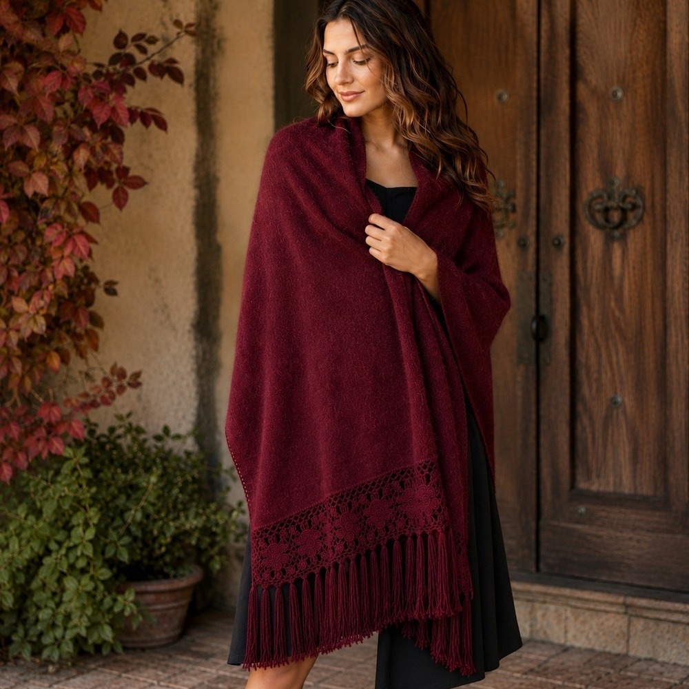 Tinkuy Peru 100% Alpaca Burgundy Maroon Shawl Wrap Crochet Fringe Oversized 103"